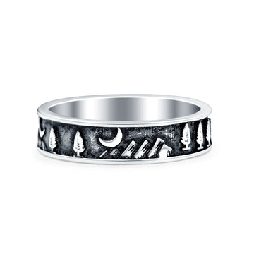 Mountains & Trees Oxidized Band Solid 925 Sterling Silver Thumb Ring (5mm)
